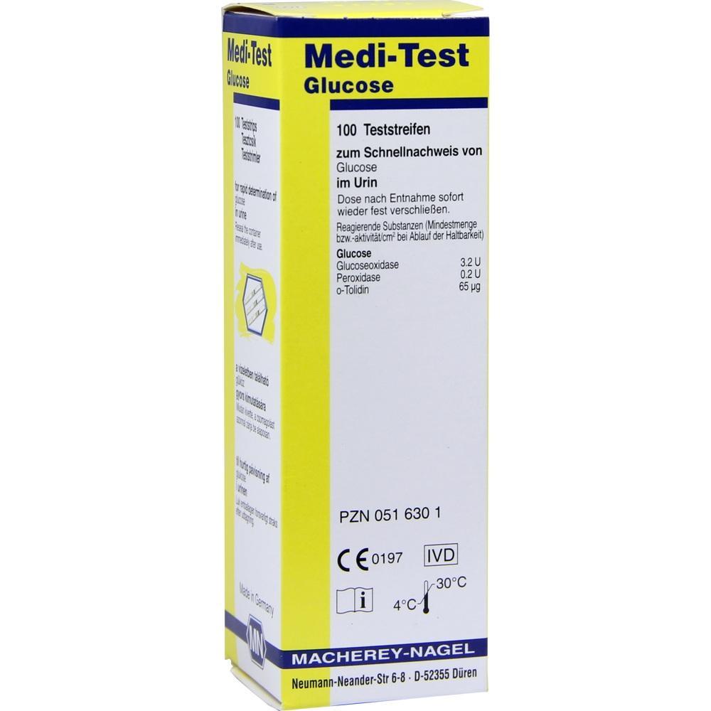 Gelbe Packung mit Teststreifen zum Nachweis von Glukose im Urin.